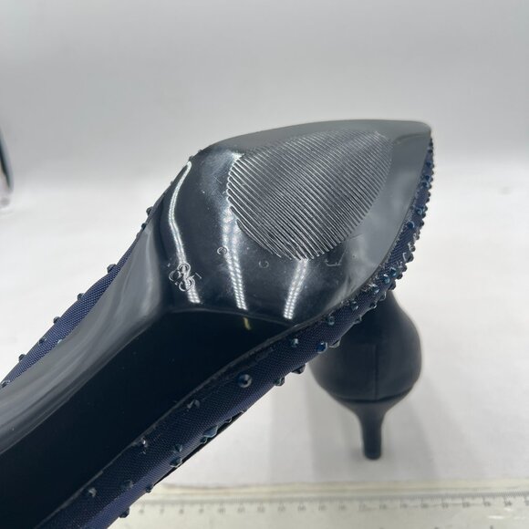 XYD Navy Pointed Toe Slip On Mesh Pumps Rhinestone Comfy Kitten Heels Shoe - Picture 6 of 8